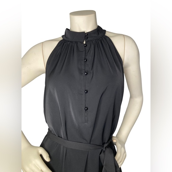 KIRUNDO Black Silk Satin Button Down Sleeveless Ruffle Halter Dress, XL - Picture 6 of 9
